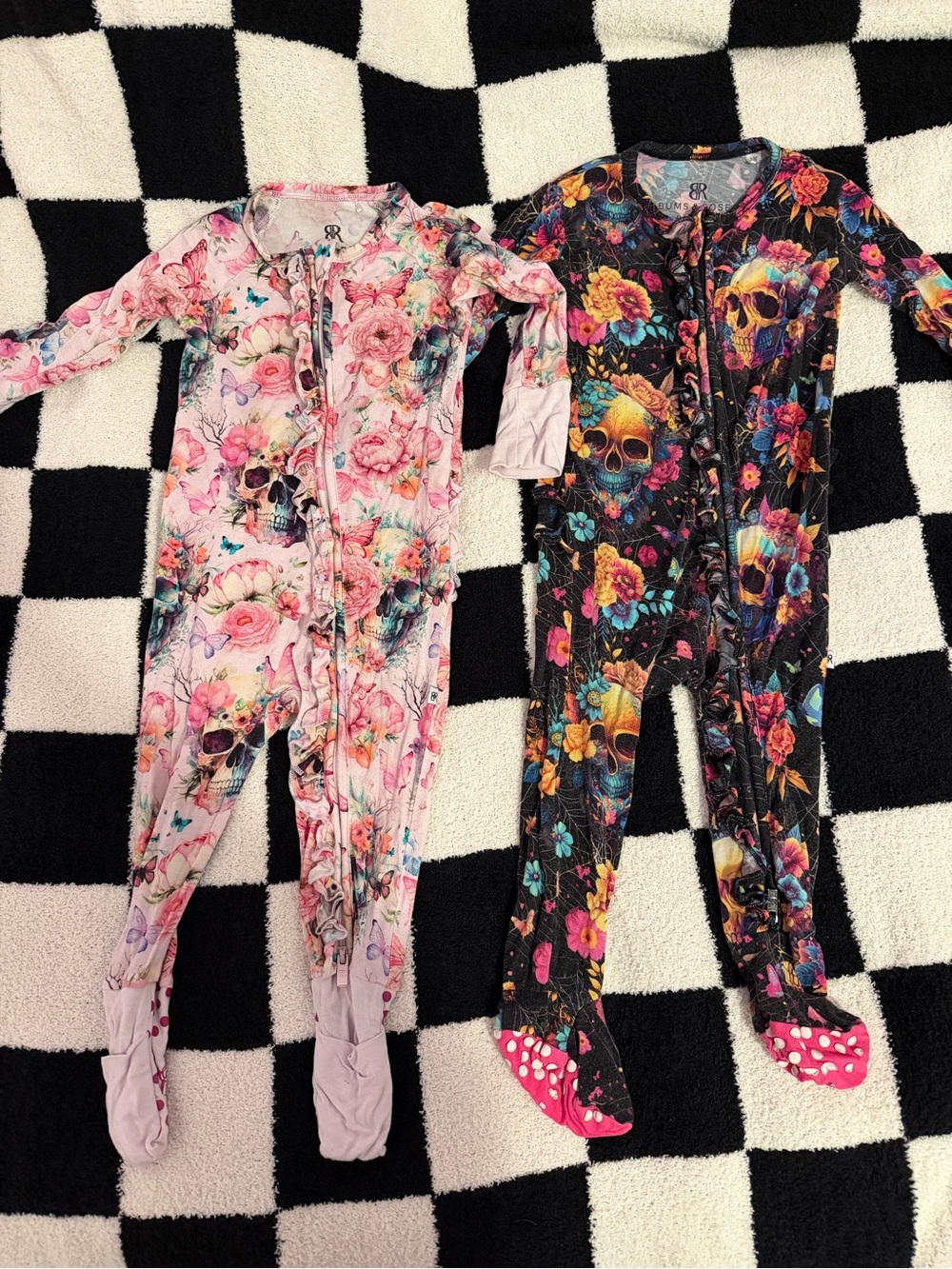 Bums and Roses Pink Floral & Skull Zip-Front Footed One-Piece Pajamas